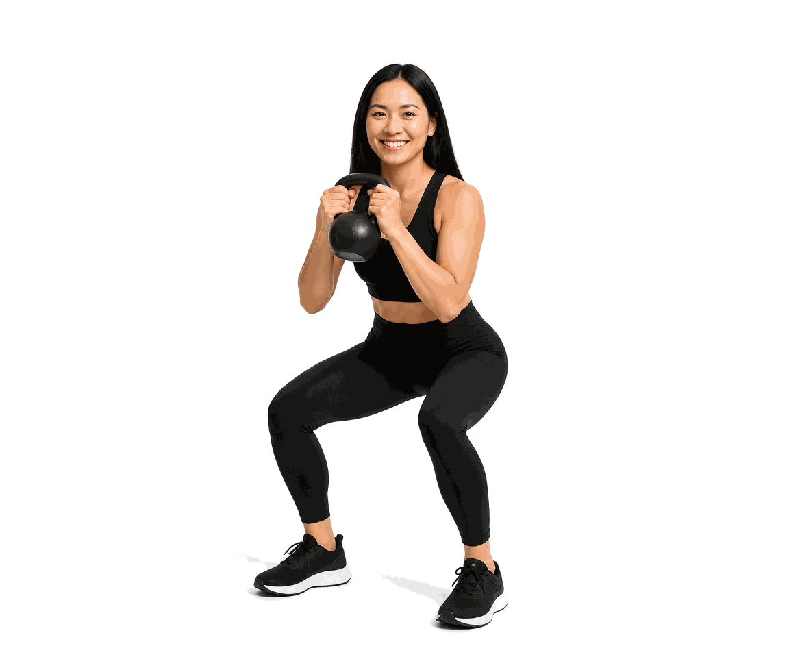 Smiling woman holding a cast-iron kettlebell during FFAST FIT strength coaching in Roanoke, Virginia.