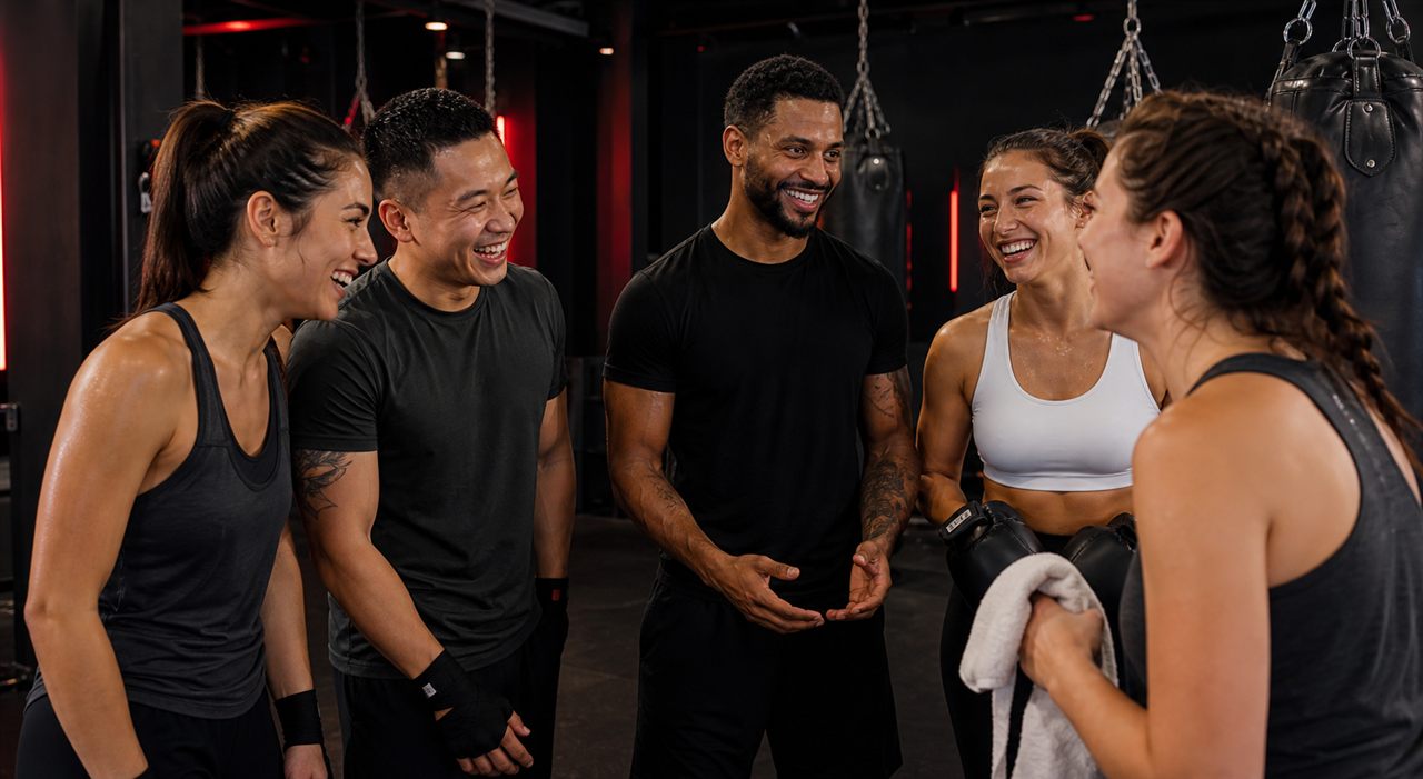 Supportive adults smiling with a coach after boxing fitness class